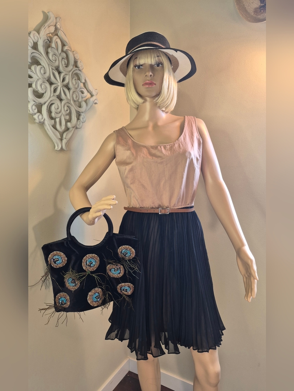 M60 Miss Sixty Belted Dress Pleated Skirt Fun Flirty Beige Black